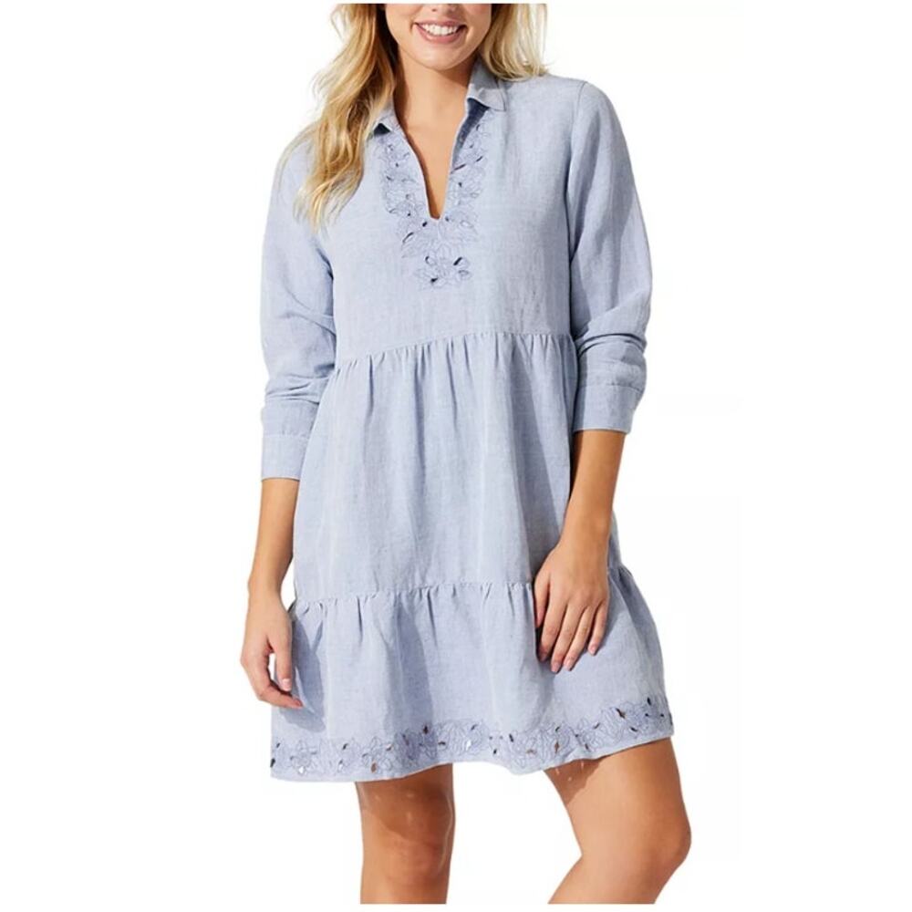 TOMMY BAHAMA ST LUCIA EMBROIDERED SWIM COVER UP DRESS LINEN BLEND BLUE MEDIUM